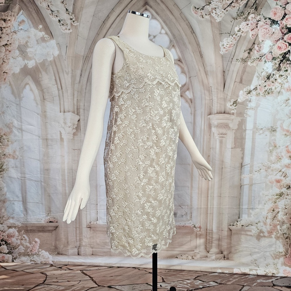 Vintage 1960's Dress Shift Beige Lace Overlay Empire Waist Mod Formal